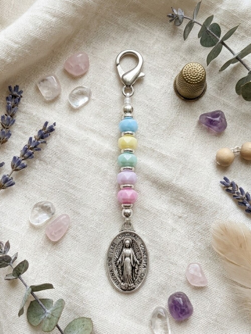 Pastel Beaded Medal Keychain Charm - Unbranded